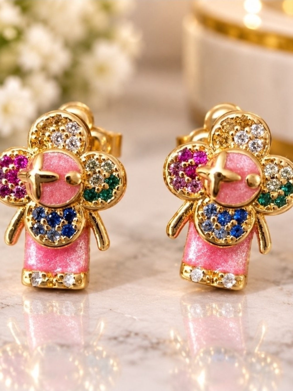 Gold-Tone Pink Flower Multicolor Crystal Stud Earrings